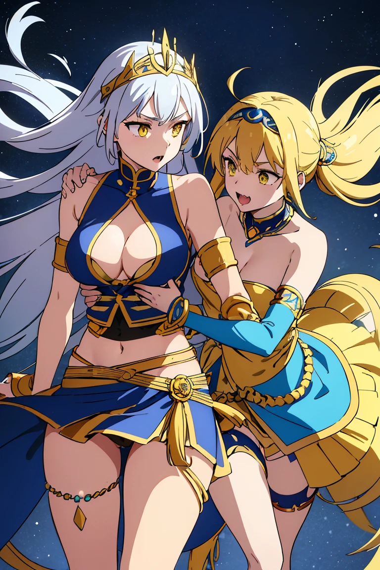 Yunalesca has long silver hair that splays out around her in tendrils during battle. She wears a blue headband with four ribbons finished with blue beads and yellow tassels. The headdress has two long plumes that zigzag to make an 'M' shape. She has yellow eyes.

Yunalesca wears a blue-and-black bra with a curlicue design linked in front by a yellow chain, and a black thong, a thin yellow-tasseled belt, gold bracelets, blue armbands and wristbands, green sashes decorated with the Yevon symbols, silver anklets and a blue garter around her left thigh. She wears a blue bead necklace resembles seashells or fangs. She is barefooted.