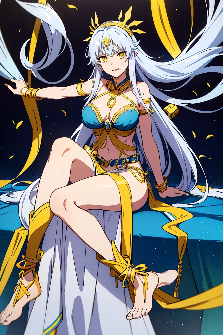 Yunalesca has long silver hair that splays out around her in tendrils during battle. She wears a blue headband with four ribbons finished with blue beads and yellow tassels. The headdress has two long plumes that zigzag to make an 'M' shape. She has yellow eyes.
Yunalesca wears a blue-and-black bra with a curlicue design linked in front by a yellow chain, and a black thong, a thin yellow-tasseled belt, gold bracelets, blue armbands and wristbands, green sashes decorated with the Yevon symbols, silver anklets and a blue garter around her left thigh. She wears a blue bead necklace resembles seashells or fangs. She is barefooted.