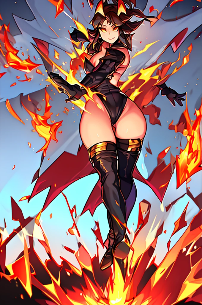 One girl,Fluttering long hair, Combat Ready, Coming at high speed, Dynamic and powerful movements, Leotard type uniform, (((Ifrit))), Black Mini Skirt,Black thigh-high socks,black elbow gloves,Black long boots,((anatomically correct:1.3)), highres, textured skin, 16K