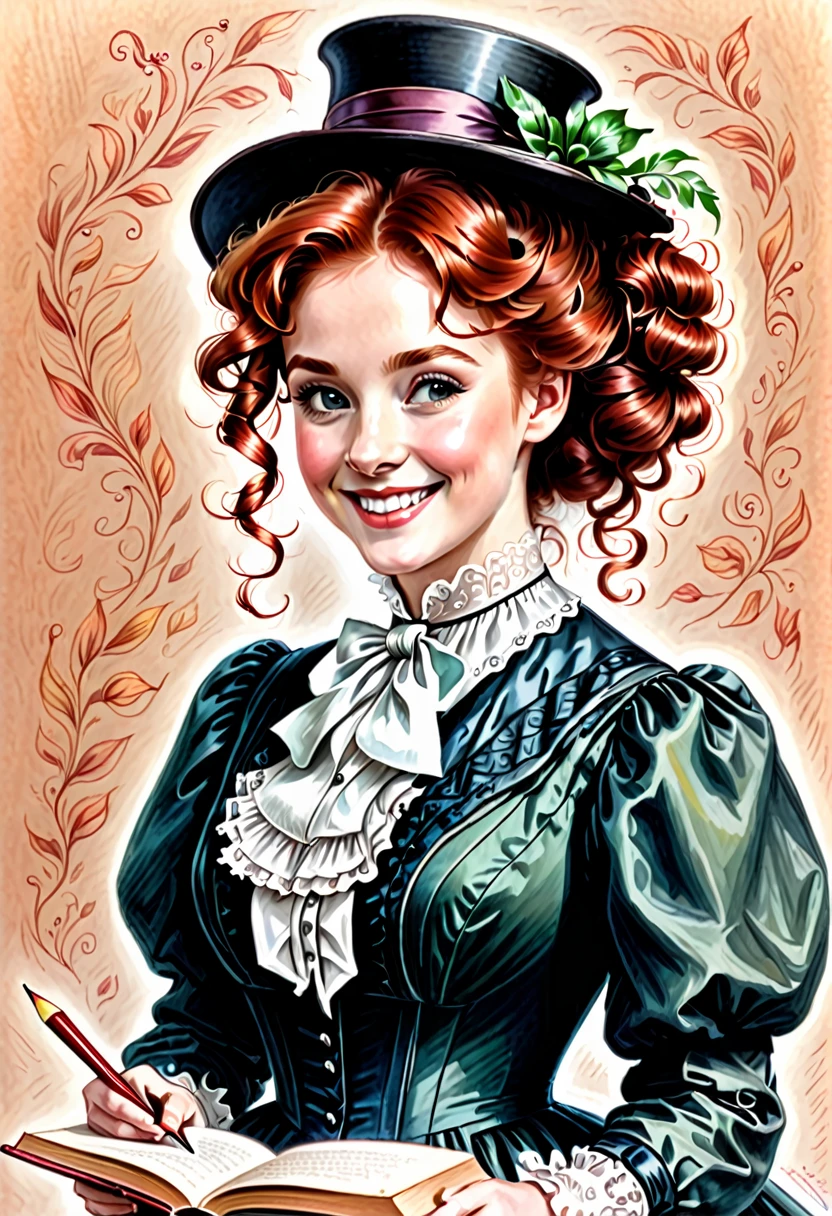 A colored pencil drawing of a pretty smiling happy victorian governess, curly auburn red hair. Kind and inteligent, joyful energy. hair in bun, hat. book of poetry in hand.
