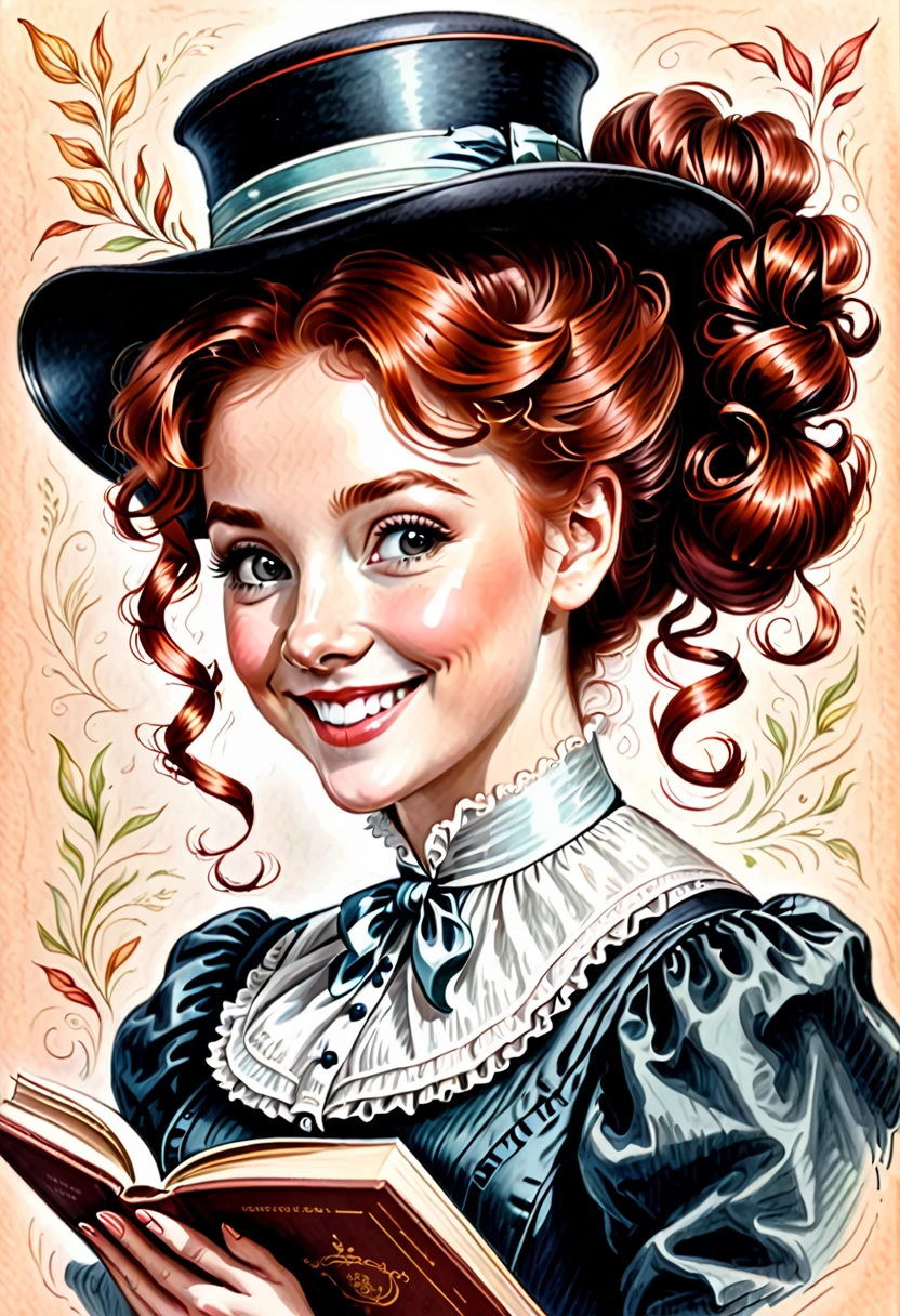 A colored pencil drawing of a pretty smiling happy victorian governess, curly auburn red hair. Kind and inteligent, joyful energy. hair in bun, hat. book of poetry in hand.
