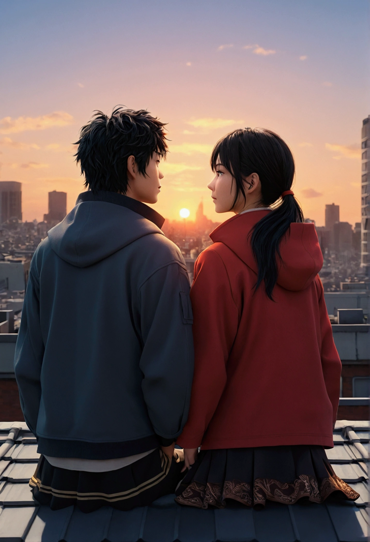 Akira and Yumi watch the sunrise from a rooftop. the city begins to wake up, safe once again.
