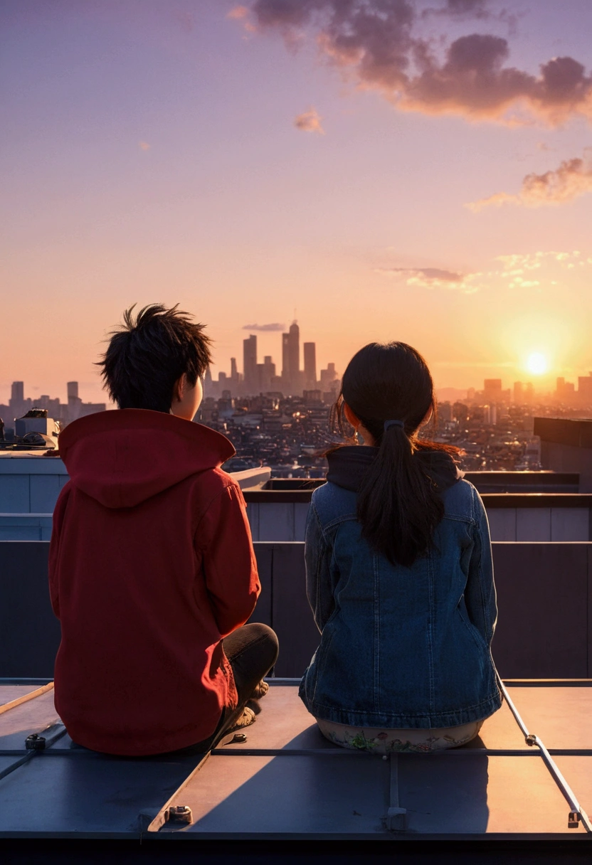 Akira and Yumi watch the sunrise from a rooftop. the city begins to wake up, safe once again.