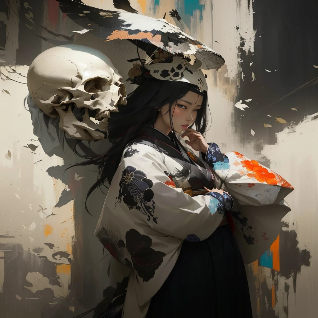 painting of a woman in a kimono jacket and a skull head, korean artist, jinyoung shin art, by Russell Dongjun Lu, by Zhang Han, by Wuzhun Shifan, inspired by Russell Dongjun Lu, artwork in the style of guweiz, edgar maxence and ross tran, sakimichan frank franzzeta, guweiz