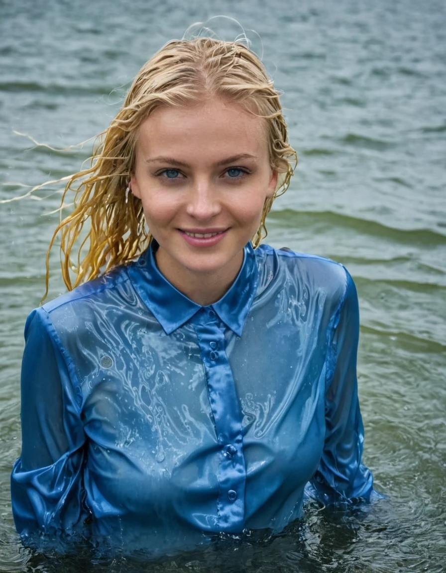 (wet situation), perfect photo of a beautiful blonde woman, (wet hair:1,3), (emerging out from water:1.3), proudly wearing her (wet blue satin shirt:1.3) buttoned to the top, with (long sleeves that extends to her wrists), (in ocean), (only head and shoulders visible on the water:1.4), partially submerged, kinkily smiling at viewer with an (aroused expression from being soaking wet), photographed on a Fujifilm XT3, 80mm F/1.7 prime lens, cinematic film still, cinestill 500T, highly detailed, masterpiece, highest quality, intricately detailed, HDR, 16k, uhd, photorealistic