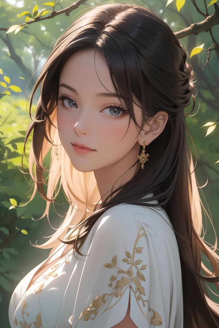 A beautiful young woman in a serene forest, 1girl, elegant dress, long flowing hair, detailed facial features, large expressive eyes, lush greenery, sunlight filtering through the trees, fantasy landscape, intricate details, (best quality,4k,8k,highres,masterpiece:1.2),ultra-detailed,(realistic,photorealistic,photo-realistic:1.37),cinematic lighting,vibrant colors,dreamlike atmosphere
