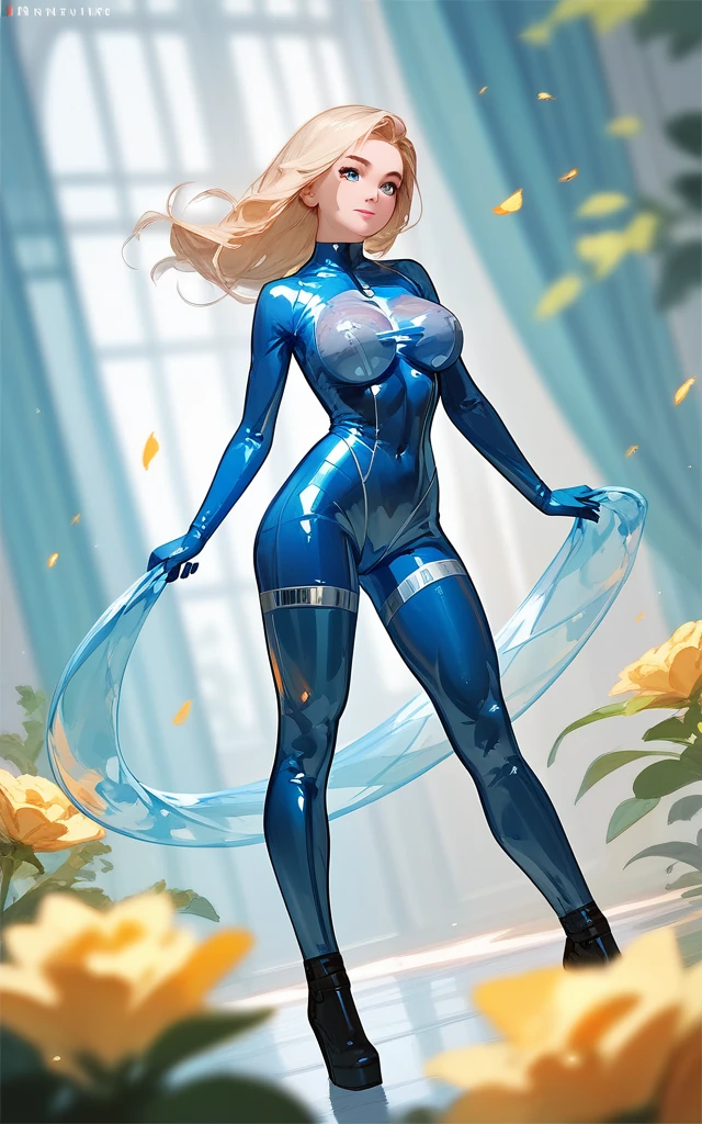 girl, body fit transparent latex suit, blonde, blue eyes, Hyper Realistic, masterpiece