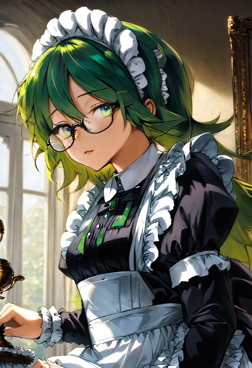 Girl, Long green Hair, wearing glasses, Emerald eyes, Victorian maid,