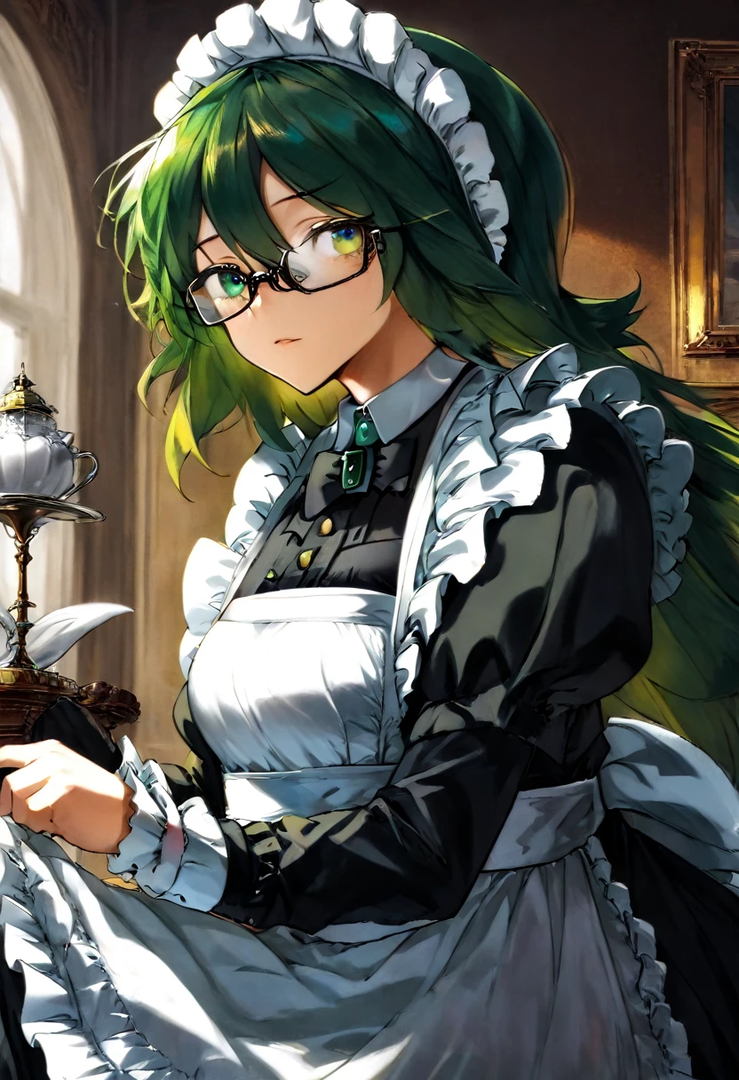 Girl, Long green Hair, wearing glasses, Emerald eyes, Victorian maid,