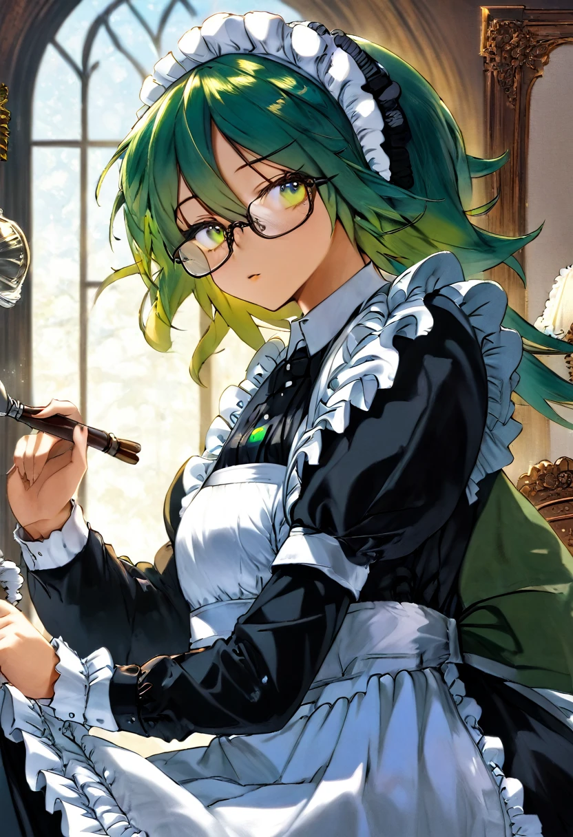 Girl, Long green Hair, wearing glasses, Emerald eyes, Victorian maid,