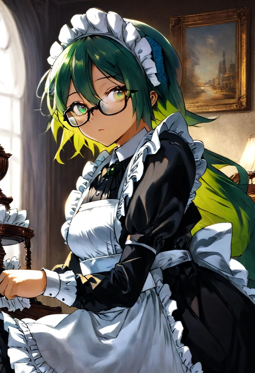 Girl, Long green Hair, wearing glasses, Emerald eyes, Victorian maid,