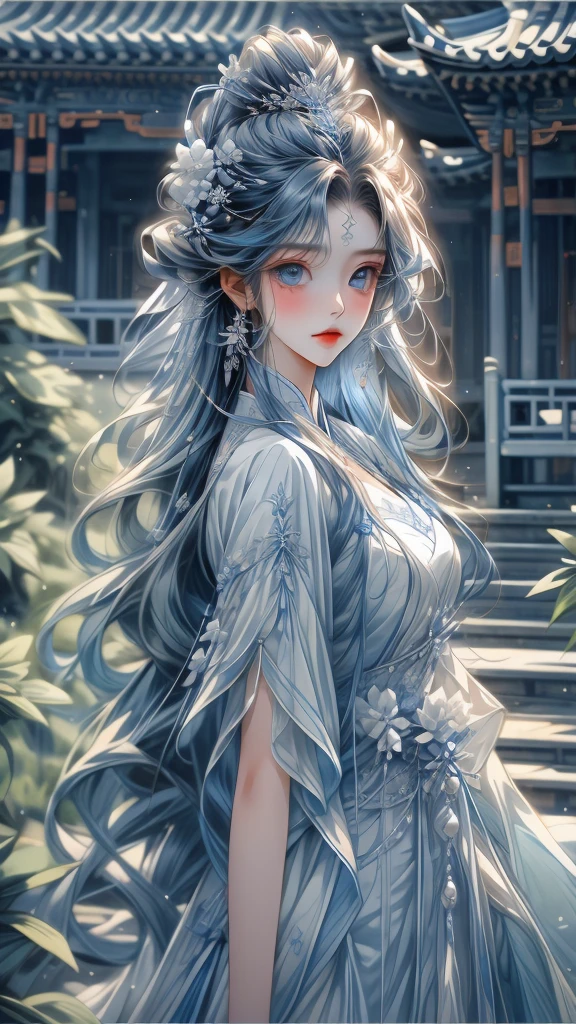 a beautiful girl wearing blue and white dress with long curly hair standing next to bushes, 1girl, jewelry, flower, earrings, long hair, solo, hair ornament, chinese clothes, blue eyes, looking at viewer, upper body