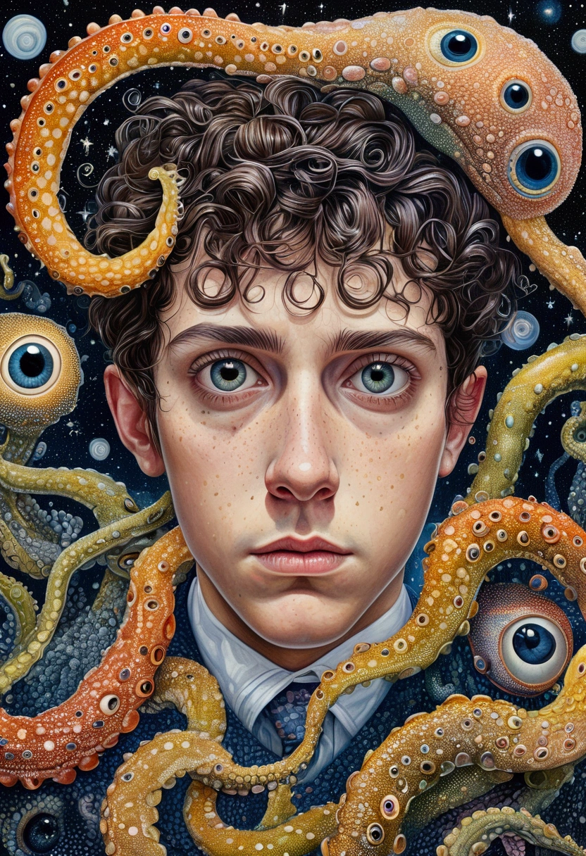 realistic surreal portrait of a person with autism, hyperrealistic oil painting, intricate details, striking visual fusion of various elements, surreal house, stars, spores, tentacles, detailed eyes, expressive face, fluid lines, strange illustration, pointillism, strong contrast, award winning artwork