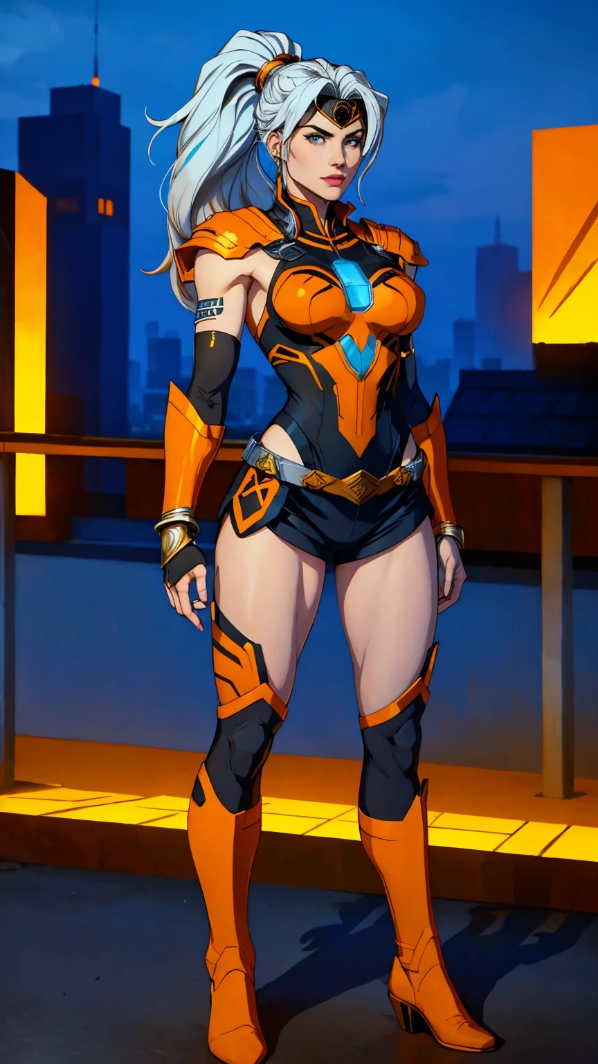 ((Full body photo, standing, feet on the floor)) (best quality,4k,8k,highres,masterpiece:1.2),ultra-detailed,(realistic,photorealistic,photo-realistic:1.37),full body shot,Rogue,X-Men,yellow thigh high boots,beauty pose, standing tall, show feet, outside, city rooftop at night, green headband, with Ponytail, Light Blue Eyes, Round Glasses with a Slightly Dark Lens with this Lens being Orange, and the Light Blue Color frame, ((Black Metallic Gauntlets and Greaves with Orange and Silver Highlights)), (((The Clothes Have a Mix of Modern and Tribal))), (((The Clothes Have a Mix of Modern and Tribal))), having mostly the color black, but having parts in orange, shoulders exposed, at the hip a shorts that extend to half of the thigh of black color.