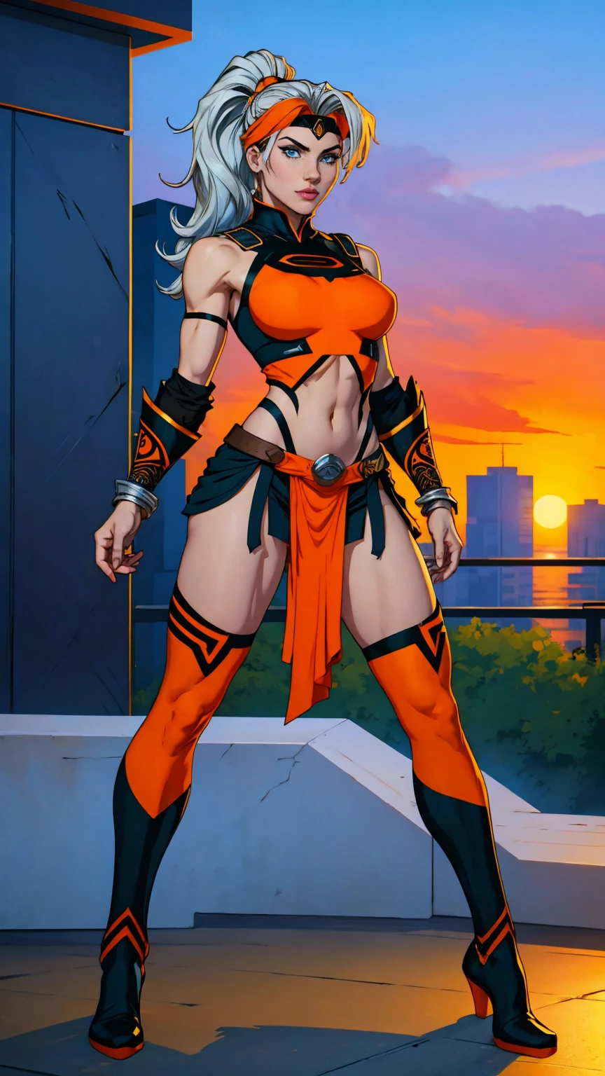 ((Full body photo, standing, feet on the floor)) (best quality,4k,8k,highres,masterpiece:1.2),ultra-detailed,(realistic,photorealistic,photo-realistic:1.37),full body shot,Rogue,X-Men,yellow thigh high boots,beauty pose, standing tall, show feet, outside, city rooftop at night, green headband, with Ponytail, Light Blue Eyes, Round Glasses with a Slightly Dark Lens with this Lens being Orange, and the Light Blue Color frame, ((Black Metallic Gauntlets and Greaves with Orange and Silver Highlights)), (((The Clothes Have a Mix of Modern and Tribal))), (((The Clothes Have a Mix of Modern and Tribal))), having mostly the color black, but having parts in orange, shoulders exposed, at the hip a shorts that extend to half of the thigh of black color.