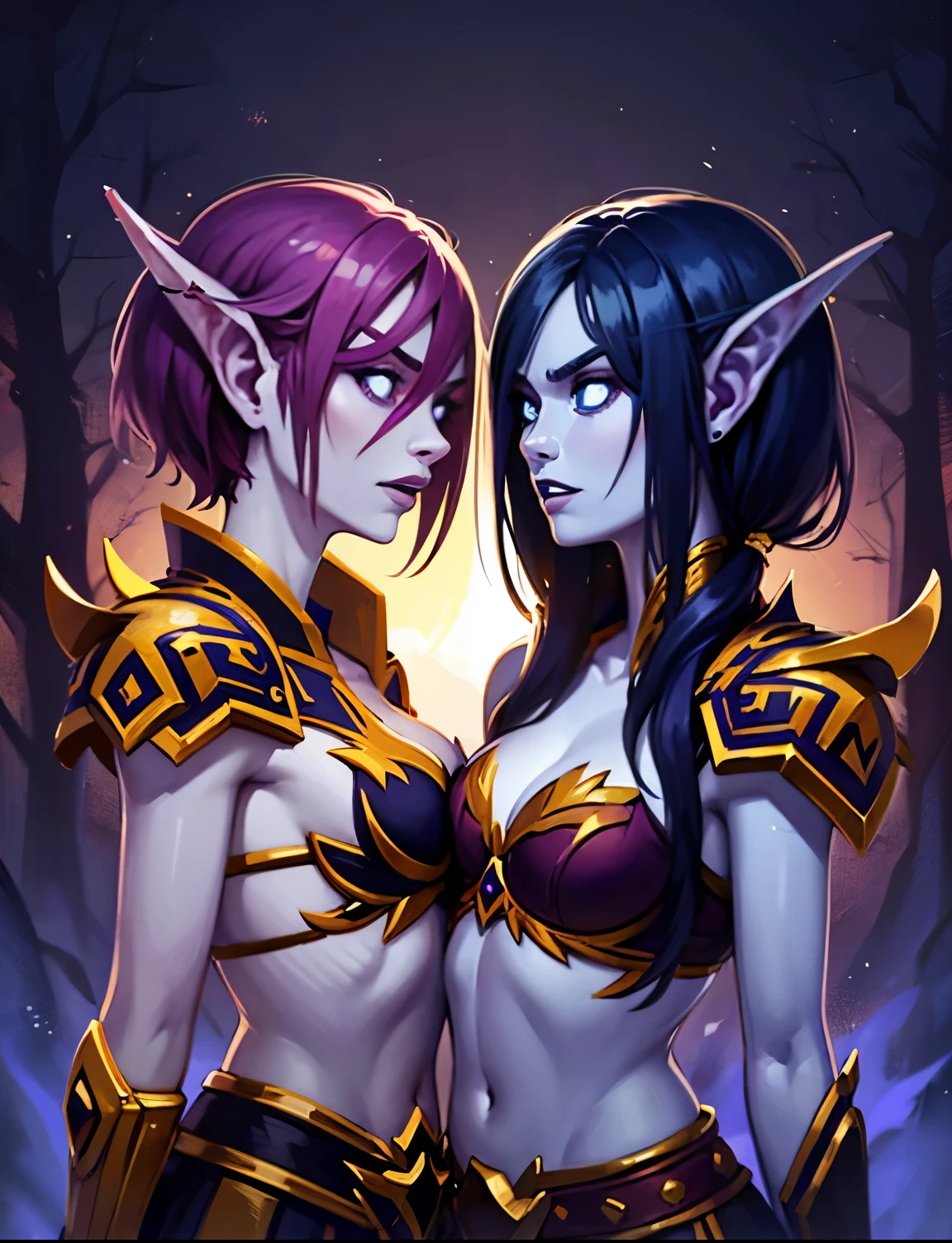 (2girl, purple hair, short hair, spiral eyes, angry, clenched teeth) (digital) (upper body) (standing), (Purple Forest background), (short skirt)) , best quality, blue eyes, pointy ears, colored skin, blue skin, cleavage, armor, Purple armor, crop top, gold trim, navel, voidelf, two girls facing at each other, side view