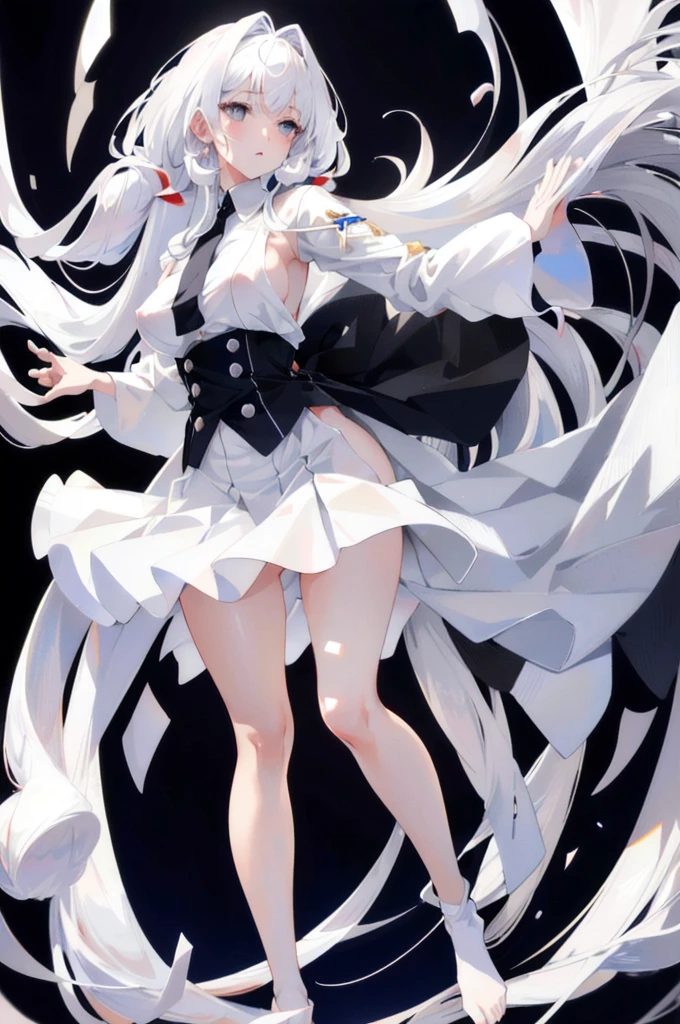 Girl white hair gray eyes fluffy long hair daily clothes ultra hyper high super 4K cosmic quality maximum mighty quality Nipples, visible from a white shirt (((masterpiece, highest quality)), no panties, 1 girl, (photorealistic: 1.4), solo, white background, black hair, long hair, absolute area, skirt, ((full body)), SFW