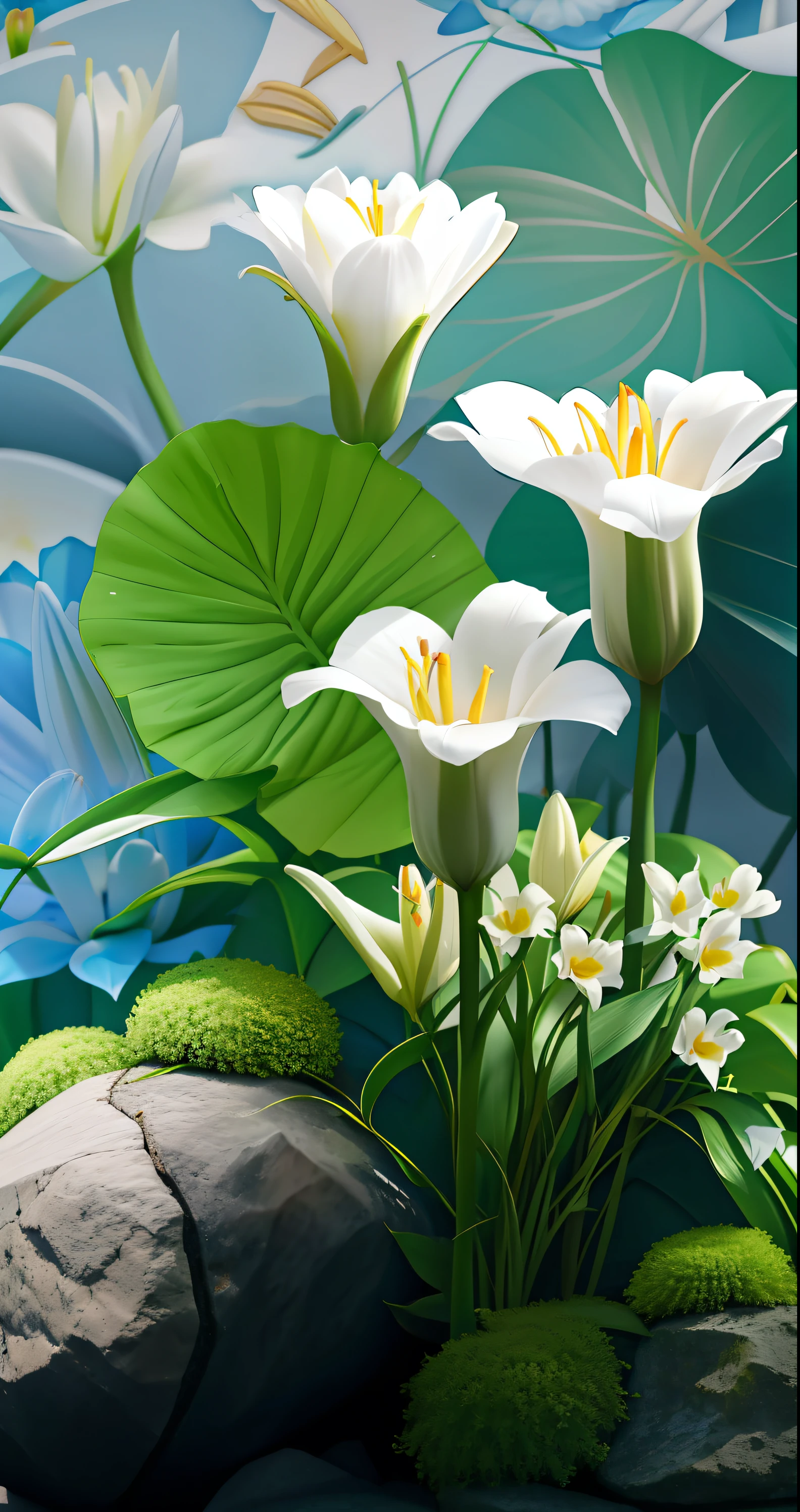 There are two white flowers sitting on the rock, the lilies. 8 k'', lilies, lillis, the lilies, White lilies, the lilies, Beautiful flowers, elegant flowers, wallpaper hd, big lilies, Beautiful image, lush plants flowers, Magical flowers, Beautiful wallpaper, beautiful flowers, tropical flower plants, large exotic flowers, wallpaper hd, High quality wallpaper