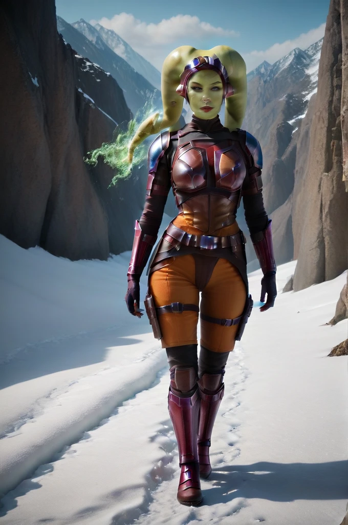 a ((fall body)) (((hera syndulla))) ((green skin )) ((female twi'lek ))mandalorian,walking on snow, ((green fire eyes )) , beautiful detailed eyes, beautiful detailed lips, extremely detailed face, long eyelashes, mandalorian armor, sci-fi, cinematic lighting, dramatic, epic, intricate details, hyper-realistic, 8k, high-quality, photorealistic
