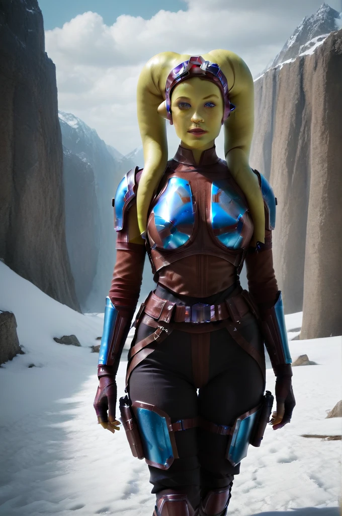 a ((fall body)) (((hera syndulla))) ((green skin )) ((female twi'lek ))mandalorian,walking on snow, ((green fire eyes )) , beautiful detailed eyes, beautiful detailed lips, extremely detailed face, long eyelashes, mandalorian armor, sci-fi, cinematic lighting, dramatic, epic, intricate details, hyper-realistic, 8k, high-quality, photorealistic