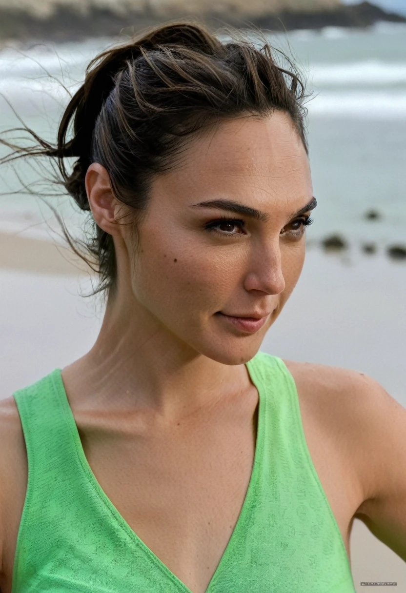 (high quality Erotic celebrity photograph ) ( galxgadt, pony ,gal gadot, exhausted , 45yo sexy woman,  at a  beach side  , smiling  ,( show her side , side boob tanktop  her  hair pulled back,pony tail,  incredibly sweaty light green  tank top, transparent tank top ) photorealistic ) , celebrity erotic photograph , oily skin ,   shiny sweaty skin , celebrity, female, woman, hollywood actress( perfect anatomy ,photorealistic  lights,  detailed face ,depth of field, insanely detailed skin texture, hyper detailed features, hyper photorealistic texture )