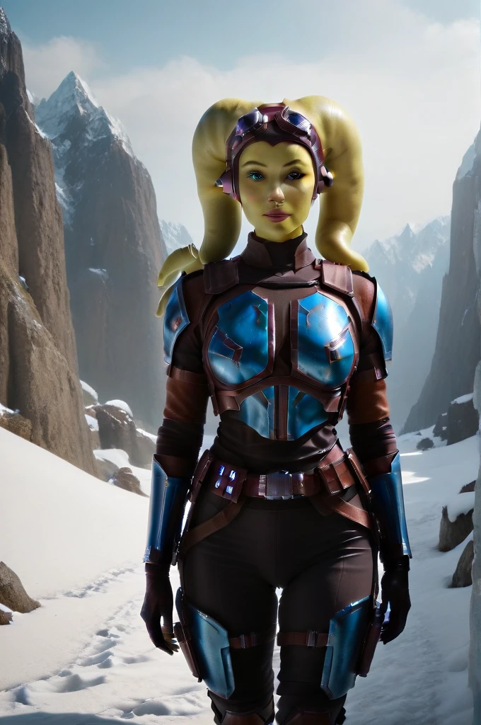 a ((fall body)) (((hera syndulla))) ((green skin )) ((female twi'lek ))mandalorian,walking on snow, ((green fire eyes )) , beautiful detailed eyes, beautiful detailed lips, extremely detailed face, long eyelashes, mandalorian armor, sci-fi, cinematic lighting, dramatic, epic, intricate details, hyper-realistic, 8k, high-quality, photorealistic