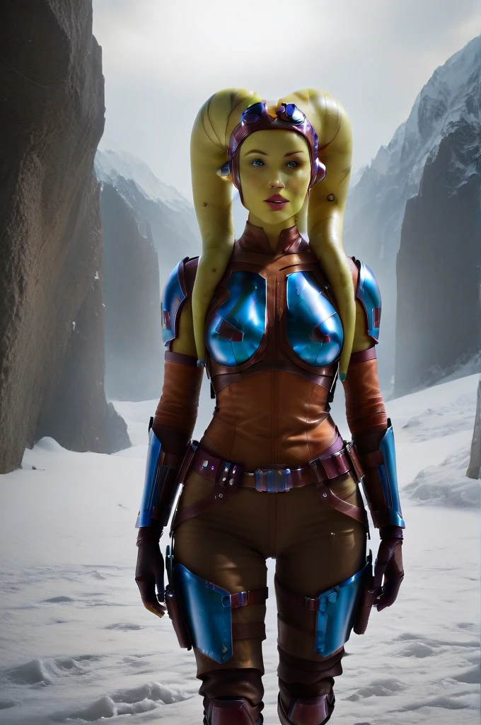 a ((fall body)) (((hera syndulla))) ((green skin )) ((female twi'lek ))mandalorian,walking on snow, ((green fire eyes )) , beautiful detailed eyes, beautiful detailed lips, extremely detailed face, long eyelashes, mandalorian armor, sci-fi, cinematic lighting, dramatic, epic, intricate details, hyper-realistic, 8k, high-quality, photorealistic