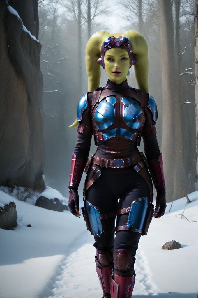 a ((fall body)) (((hera syndulla))) ((green skin )) ((female twi'lek ))mandalorian,walking on snow, ((green fire eyes )) , beautiful detailed eyes, beautiful detailed lips, extremely detailed face, long eyelashes, mandalorian armor, sci-fi, cinematic lighting, dramatic, epic, intricate details, hyper-realistic, 8k, high-quality, photorealistic