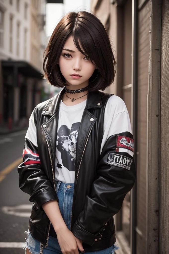 20 year old girl, dark brown straight short hair, punk style