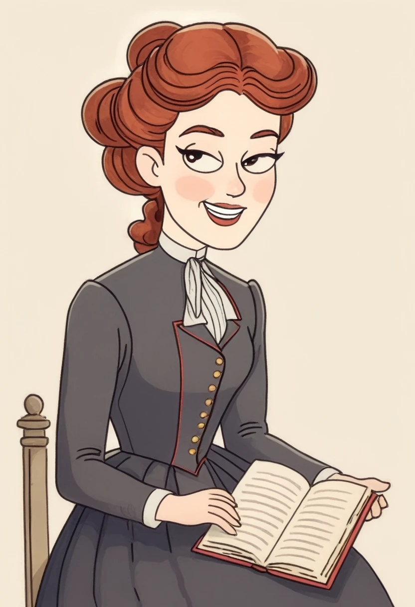 A colored pencil drawing of a pretty smiling happy victorian governess, curly auburn red hair. Kind and inteligent, joyful energy. hair in bun, hat. book of poetry in hand. 
