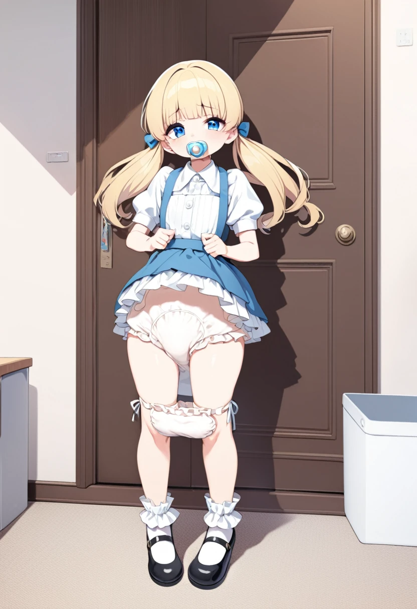 blue eyes,long eyelashes,frilly baby blue pinafore dress,standing,collared blouse,big puffy short white sleeves,hair ribbons,,big puffy diaper,frilly ankle socks,mary jane shoes,curly pigtails,blonde hair,solo,masterpiece,fullbody,(big puffy diaper),diaper cover,skirt,pacifier,,baby blue skirt with frilled hemline covering diaper a bit,