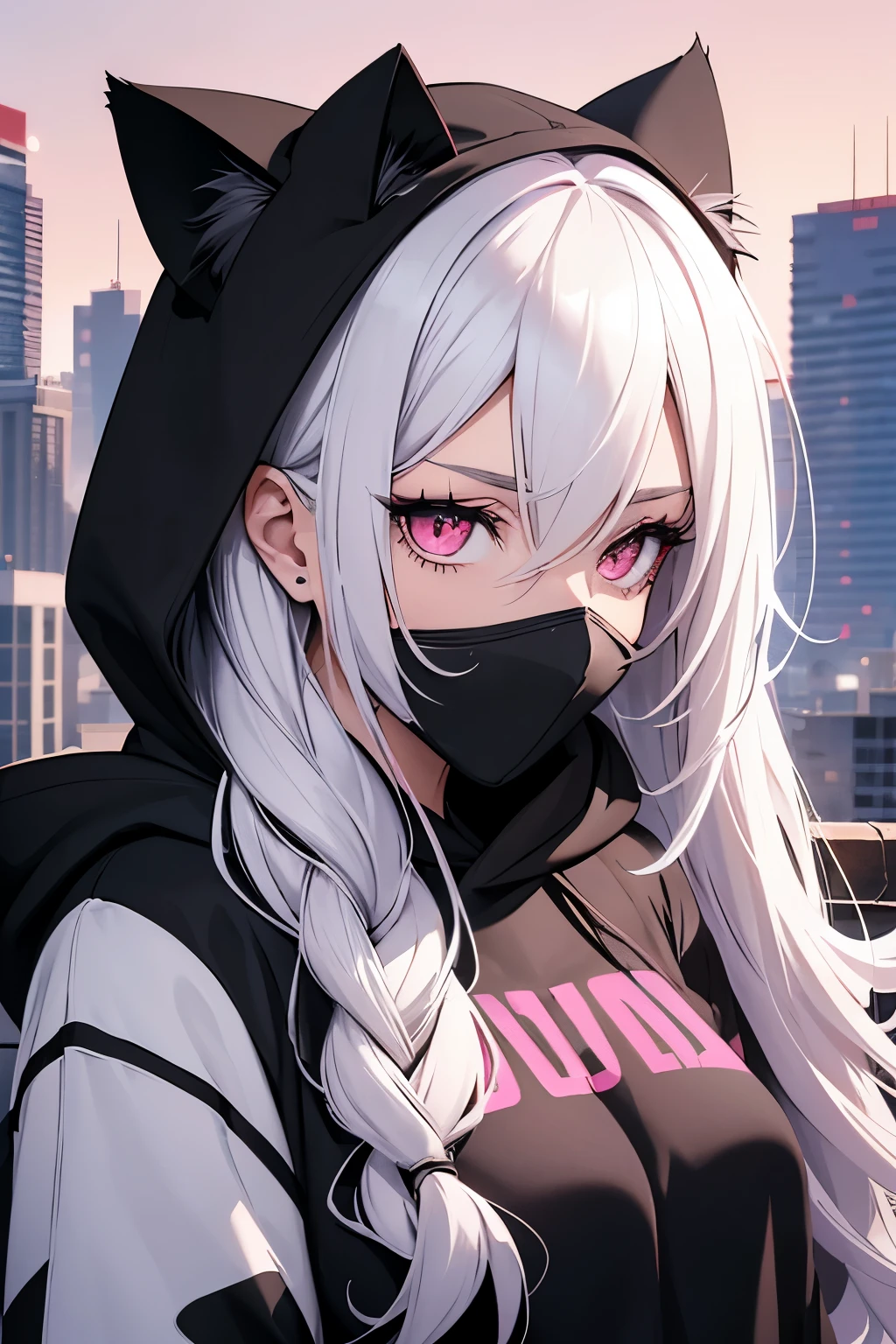 beautiful woman, white hair, long hair, cat ears, wears a black mask on her face, pink eyes, her clothes are an open hoodie, with a black t-shirt, the hoodie is white with drawings in red, scenery and a beautiful clear sky