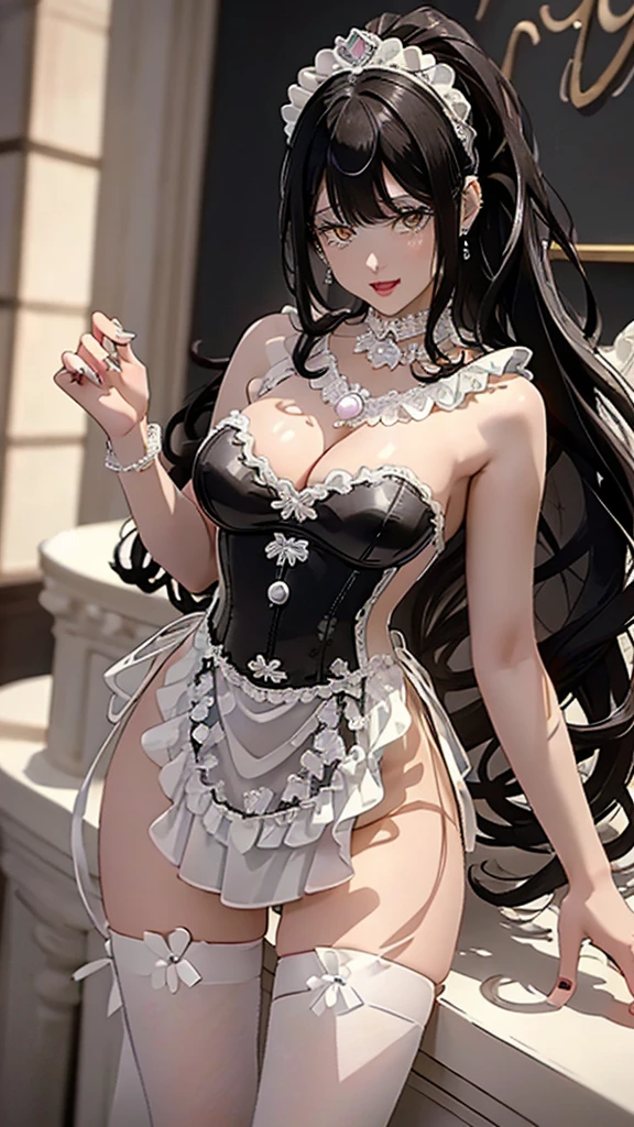 (((masterpiece, super high resolution, ultra HD, 8K quality))), (((((woman in shining white colored corset dress))))), (((See-through revealing dress))), (((((shining Black colored Hair))))) , (((((pony tail hair))))), (((beautiful sparkling yellow eyes, pupils with highlights))), ((bangs bangs)), pink lips, sexy expression, ((highly detailed)), (perfectly detailed face), (detailed and carefully drawn hands), (((very Big Tits))), (((charming smile))), photorealistic image, silver tiara and earrings, pearl necklace, jade bangle, diamond ring, Beautiful figure from the knees up, standing, beautiful pose
