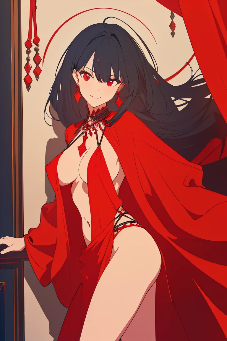 ((Highest quality)), ((masterpiece)), (be familiar with),One female,Black Hair,Red eyes,Black Dress,Chest tattoo, Bewitching Smile,Heel,Black Hair,Hair tied around the neck,Red shawl,Erect nipples,(whole body),Slanted Eyes
