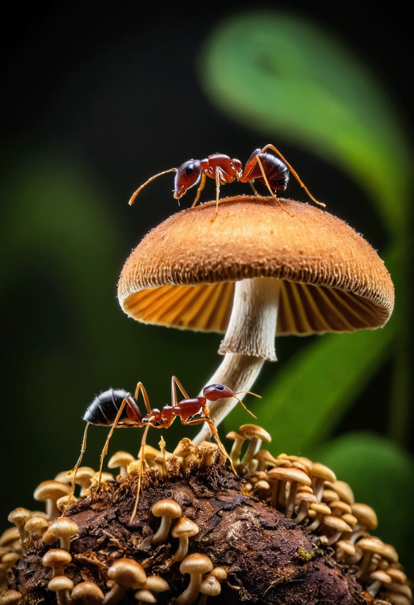 an ant on the top of mushroom, biomecha