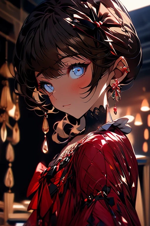 (extremely delicate and beautiful: 1.2), 1girl, fashi-girl, bangs, pretty eyes, bow, brown hair, closed mouth, sideways, hair between eyes, hair bow, short sleeves, looking at the viewer, medium hair, solo, upper body, school uniform: 1.3, ((solo)), (masterpiece), blonde