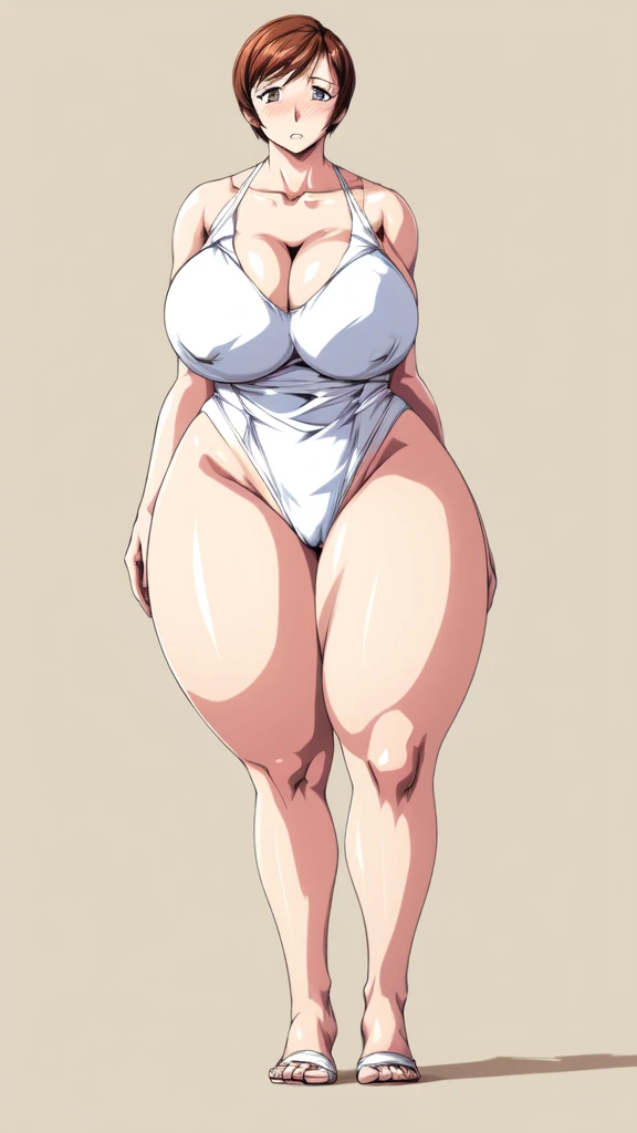 masterpiece, highest quality, High resolution, One girl, solo, sexual intercourse, Pornographic images, short hair, etsukoto, brown Eyes, fine grain, fine grain, long legs, (((Thick thighs, Plump thighs, Voluptuous thighs, Thighs alone are enough))), ((Huge and ample breasts, Cleavage, big long breasts)), Naughty big,((big breasts are important))、((Naughty thighs)), L Cup, (thin:1.4),(Tight waist:1.4), (white swimsuit:1.4), anguish, blash, (((Simple Background))), ((Wide Hips)), Shiny, Oily skin, Mature mother, Calf, Seductive mature woman, milf, Perfect body, Plus Size Model, curvy, ample, etsukoto, blush, clavicle, retro artstyle, 1990s (style), (thick thighs:1.4), full body, feet, (from side:0.9),