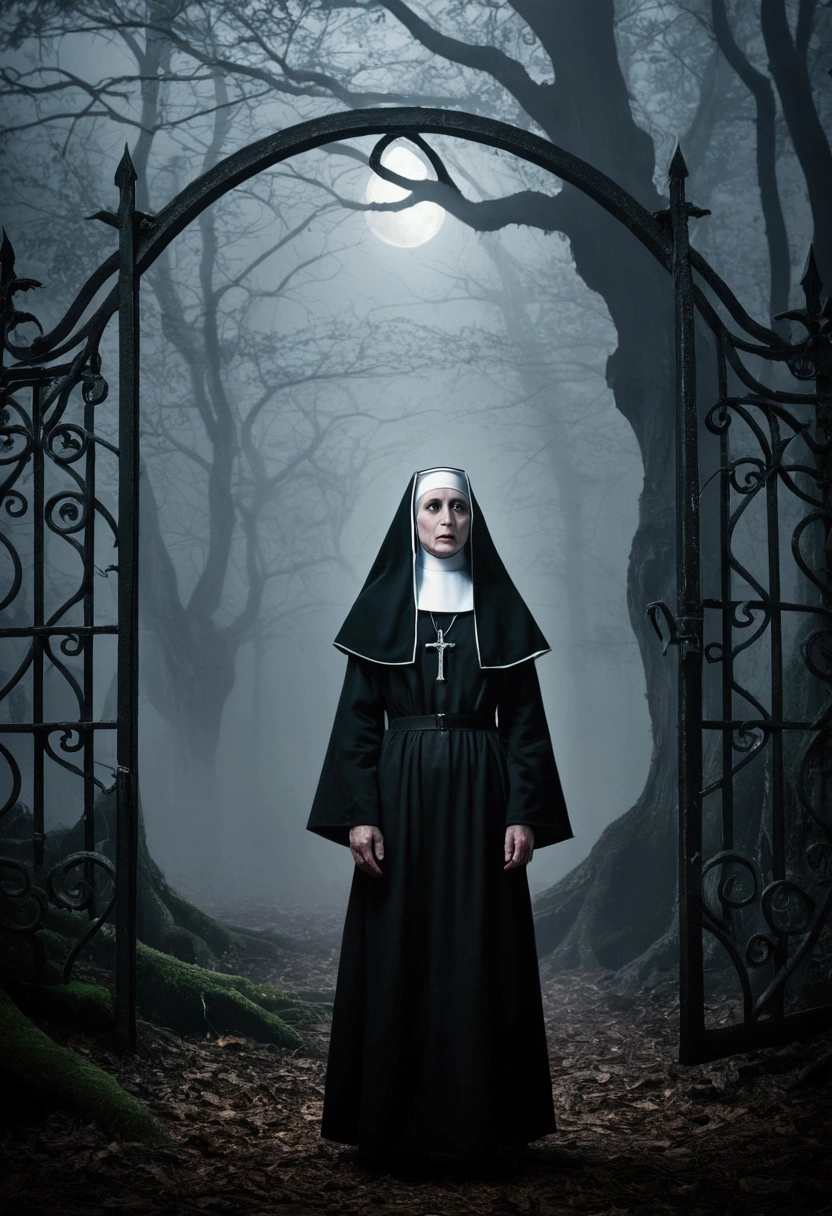dark mystical forest, somber mood, misty, shade, mond, a nun standing with tree ,nun with complete white eyes, hunted house iron gate