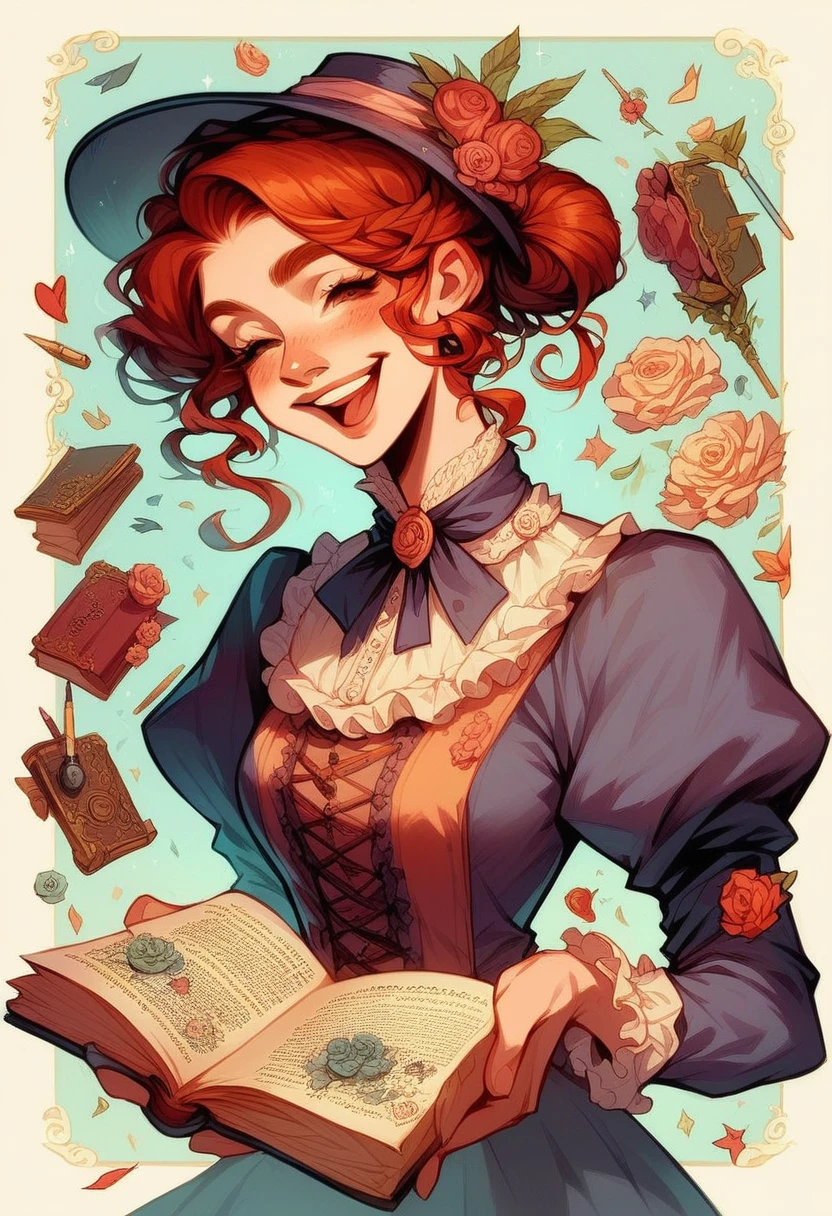 A colored pencil drawing of a pretty smiling happy victorian governess, curly auburn red hair. Kind and inteligent, joyful energy. hair in bun, hat. book of poetry in hand.
