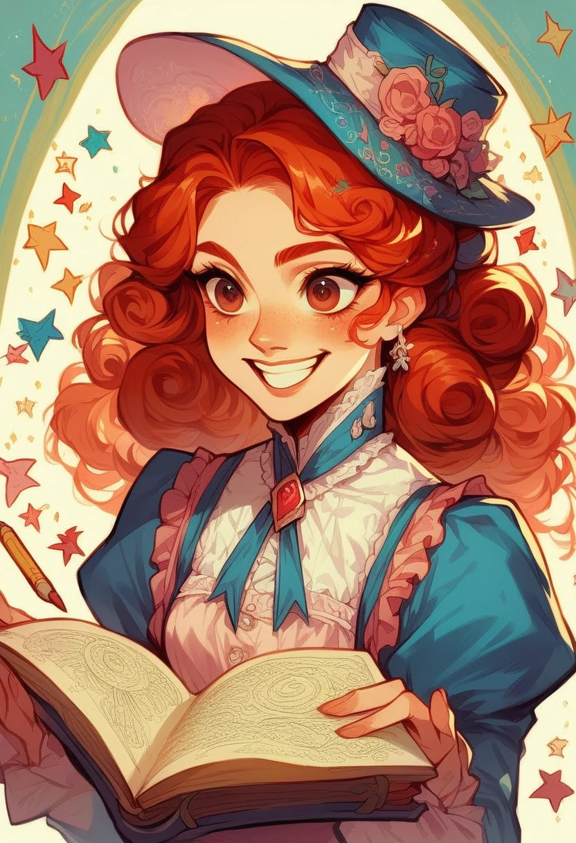 A colored pencil drawing of a pretty smiling happy victorian governess, curly auburn red hair. Kind and inteligent, joyful energy. hair in bun, hat. book of poetry in hand.
