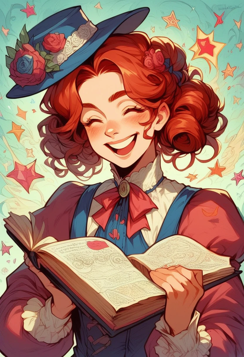 A colored pencil drawing of a pretty smiling happy victorian governess, curly auburn red hair. Kind and inteligent, joyful energy. hair in bun, hat. book of poetry in hand.
