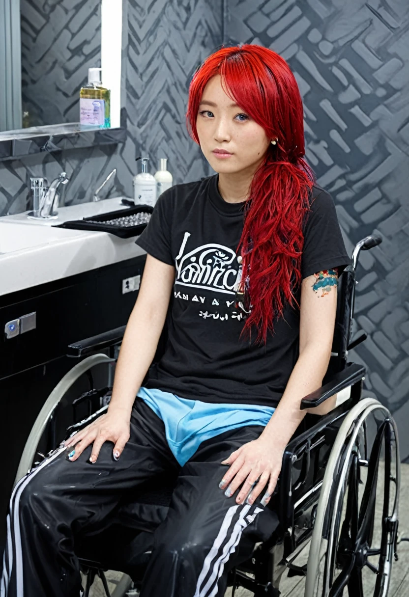 Uhd, photo of Cami, subject: Noriko, 1/2 Japanese 1/2 Hainu skinny girl in 2/00 a large wheelchair with wet long red hair and head resting on a Hairdressing Sink, shampoo foam on hair, blue+++ eyes, oval face, LGBTQIA+, queer, punk style, wearing grey tracksuit treasures and black t-shirt, tattooes. Background: black walls of hairdressers' studio.