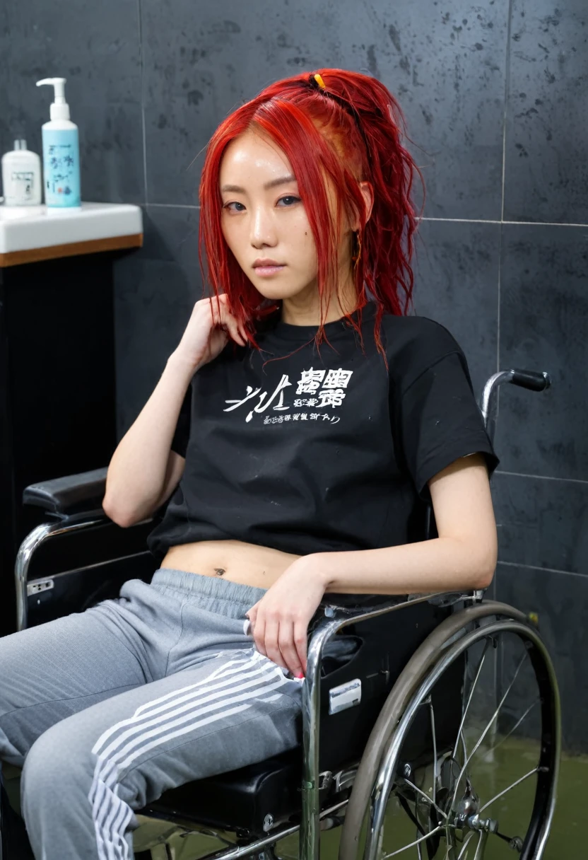 Uhd, photo of Cami, subject: Noriko, 1/2 Japanese 1/2 Hainu skinny girl in 2/00 a large wheelchair with wet long red hair and head resting on a Hairdressing Sink, shampoo foam on hair, blue+++ eyes, oval face, LGBTQIA+, queer, punk style, wearing grey tracksuit treasures and black t-shirt, tattooes. Background: black walls of hairdressers' studio.