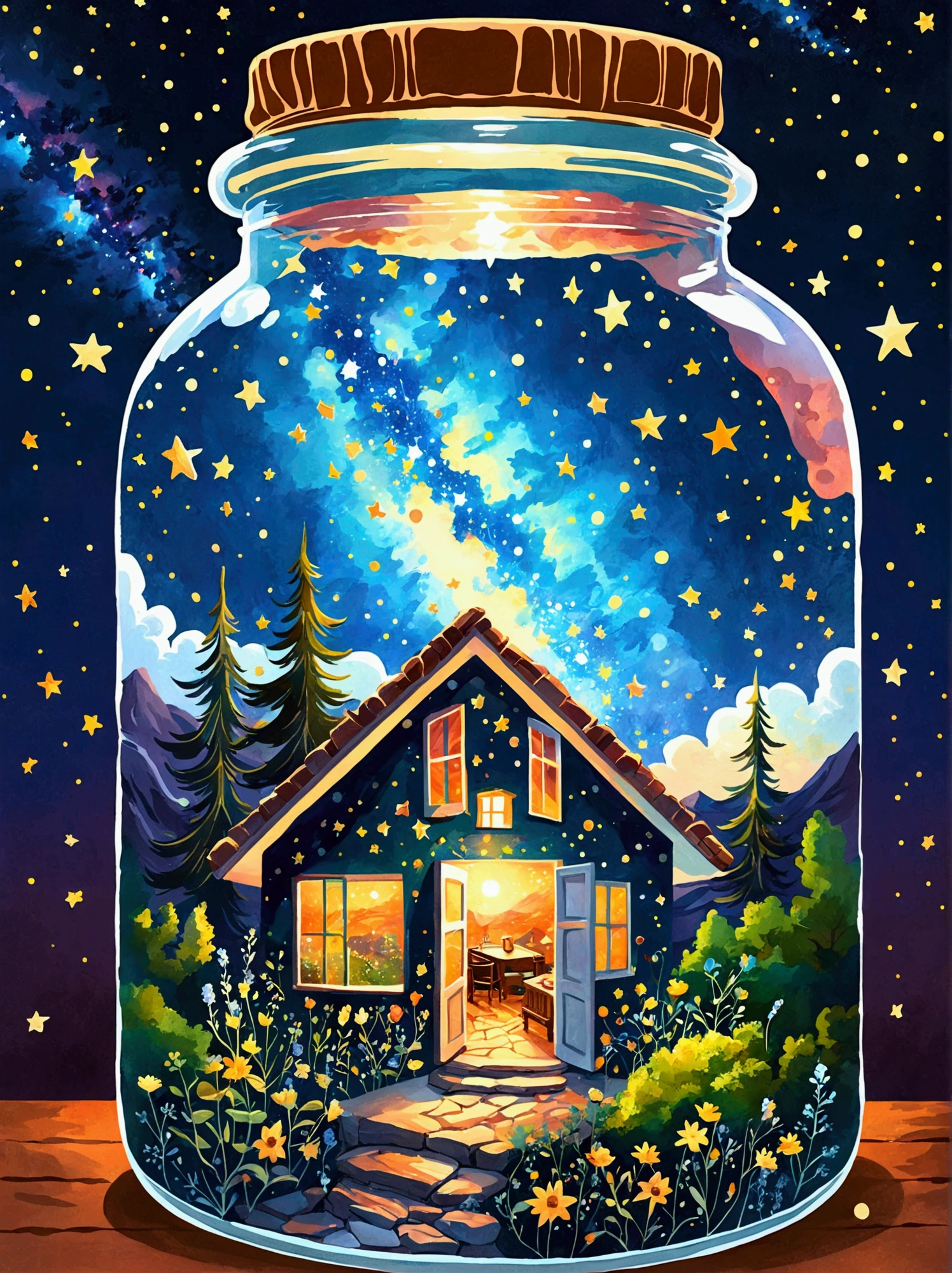 1pzsj1, Masterpiece,Top quality,(Very delicate and beautiful starry sky scenery trapped in a jar), world masterpiece theater, High resolution isometric, Top quality, illustration, Thick coating, canvas, painting, realism, Realism