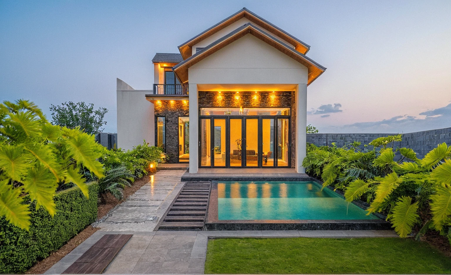 head of&#39;artwork, high quality, best quality, Authentique, Great detail, En plein air, villa de plain-piedXL, groupe aiai, house style modern with poolside , white wall ,poolside,wooden deck, pavement, grass, trees, Sky at dusk, nuvens, (day light:1.1)
