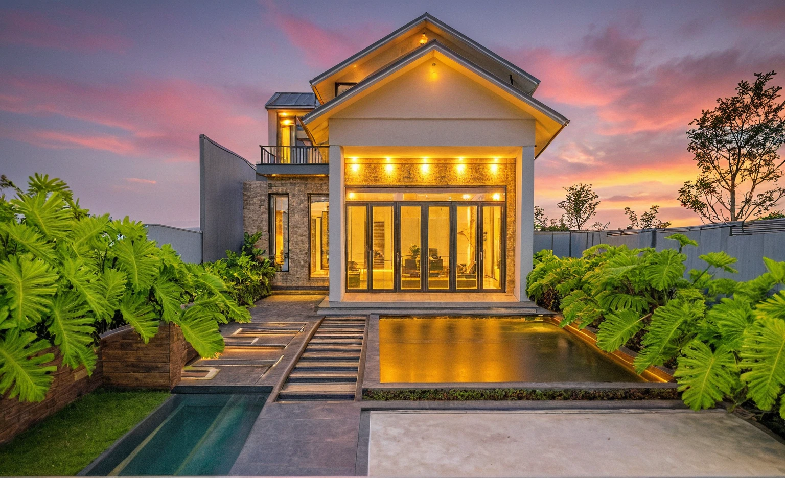 head of&#39;artwork, high quality, best quality, Authentique, Great detail, En plein air, villa de plain-piedXL, groupe aiai, house style modern with poolside , white wall ,poolside,wooden deck, pavement, grass, trees, Sky at dusk, nuvens, (day light:1.1)
