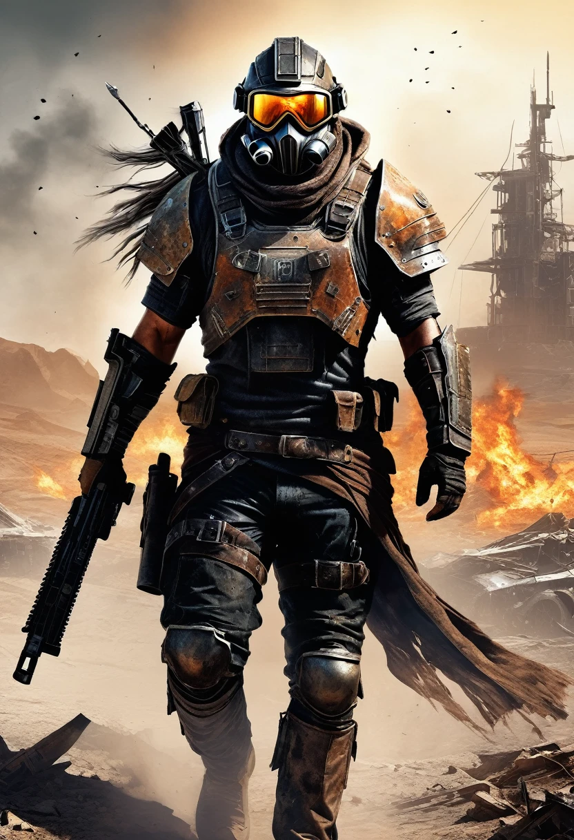 A striking digital artwork portraying a battle-worn, post-apocalyptic scavenger in a harsh, amber-hued wasteland. The figure, clad in patchwork leather armor and salvaged technology, is covered in dust and grime, their eyes burning with determination behind cracked goggles. Wielding a jury-rigged plasma rifle and clutching a battered canteen, they embody a sense of survival and resourcefulness. The muted, earthy tones contrast with the scorched sky, creating an evocative and striking visual experience. The artwork captures the essence of a world ravaged by conflict and the indomitable spirit of those who endure., illustration, conceptual art