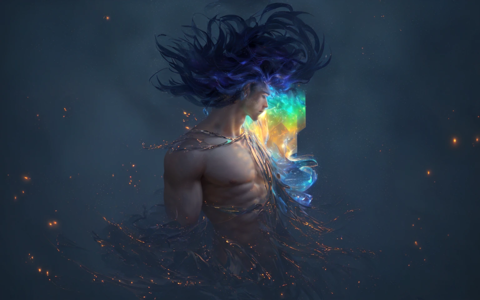 Generate a digital painting of a handsome, clean-shaven young man with prominent chest muscles, set in a mystical and ethereal environment. The scene is bathed in soft, magical light with a spectrum of rainbow colors illuminating his face, casting an enchanting glow on his features. The background features a dark, starry night sky with shimmering particles and distant, mystical landscapes. Include elements such as a gentle, glowing mist, floating lanterns, and subtle, ancient ruins partially covered in ivy. The overall atmosphere should evoke a sense of tranquility, mystery, and otherworldly beauty, with a focus on intricate details and a dreamlike quality.