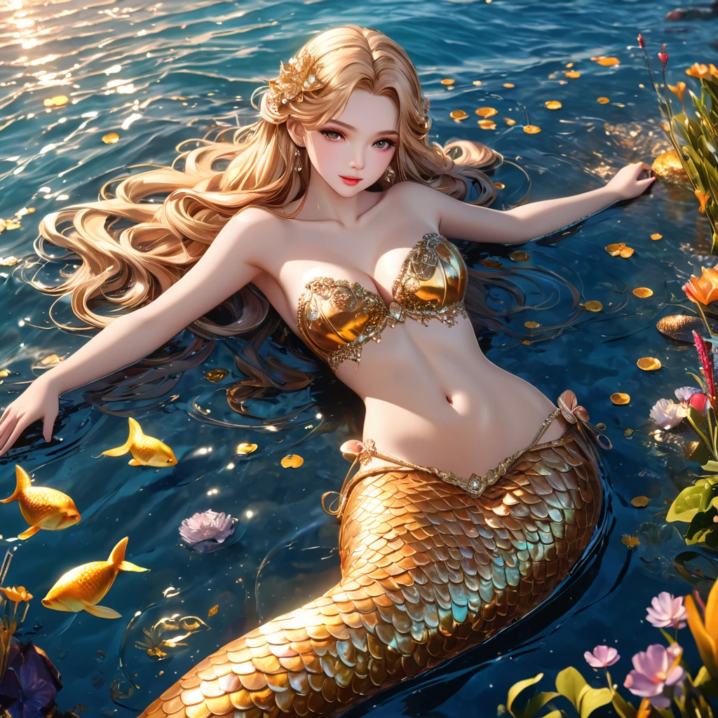 cute 20 year old mermaid with blonde hair with two braids wearing beautiful hair accessoires laying on the side on the water posing, sunset, wears a golden glittery mermaid bra, beautiful mermaid, beautiful detailed human face, red lips, alluring eyes, elaborated mermaid golden tail, serene, masterpiece, full body shot, highres, high resolution, high quality, intricate details, extremely detailed, incredible details, full colored, complex details, insanely detailed and intricate, extremely detailed with rich colors. masterpiece, best quality, HDR, UHD, unreal engine, High quality, gorgeous, glamorous, 8k, super detail, gorgeous light and shadow, detailed decoration, detailed lines, glittery, fantasy, pretty colors, anime style
