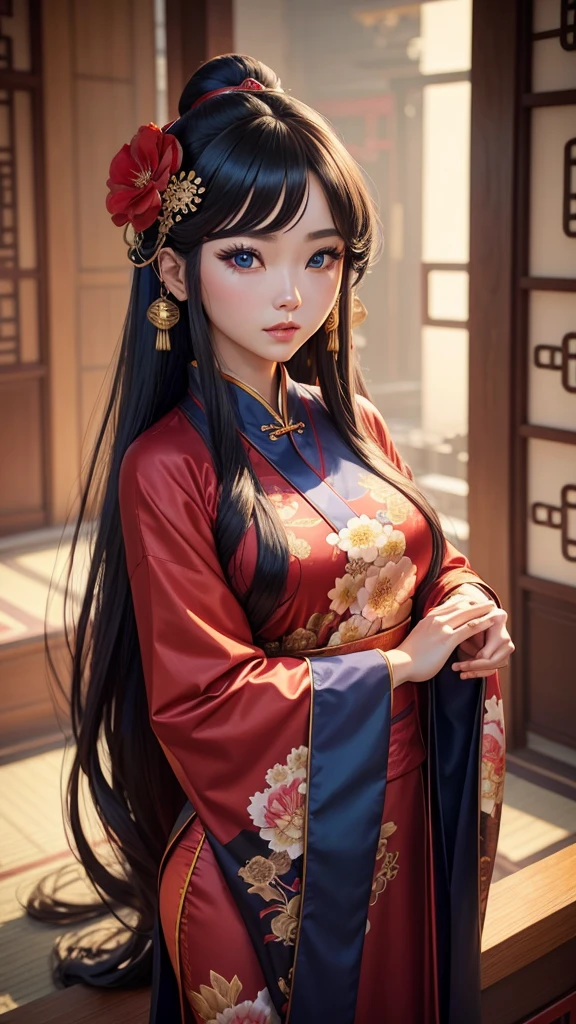 woman wigs chinese dress with kimono in hair image, 1girl, jewelry, flower, earrings, long hair, solo, hair ornament, chinese clothes, blue eyes, looking at viewer, upper body